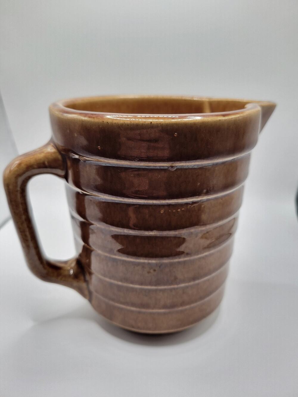 Vintage Stoneware Pitcher Brown Glazed Ribbed Finish with Handle Cottagecore 5”